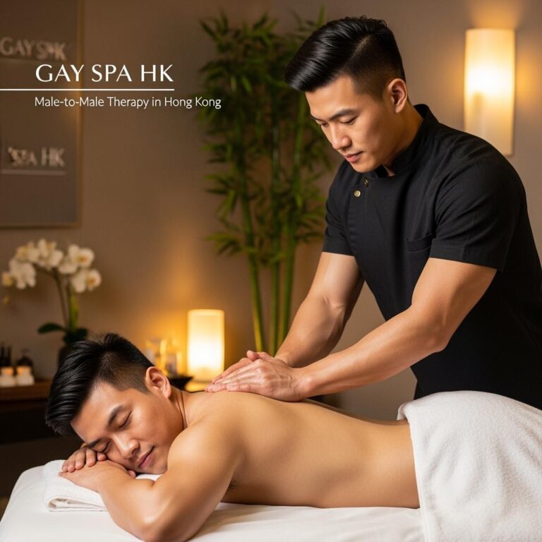 A professional Asian male masseur giving a back massage to a shirtless client on a massage table covered with a white towel. The background features orchids, soft lighting, and spa decor.