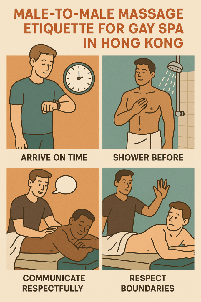 An illustrated guide on male-to-male massage etiquette for gay spas in Hong Kong, featuring steps like arriving on time, showering before the massage, communicating respectfully, and respecting boundaries.