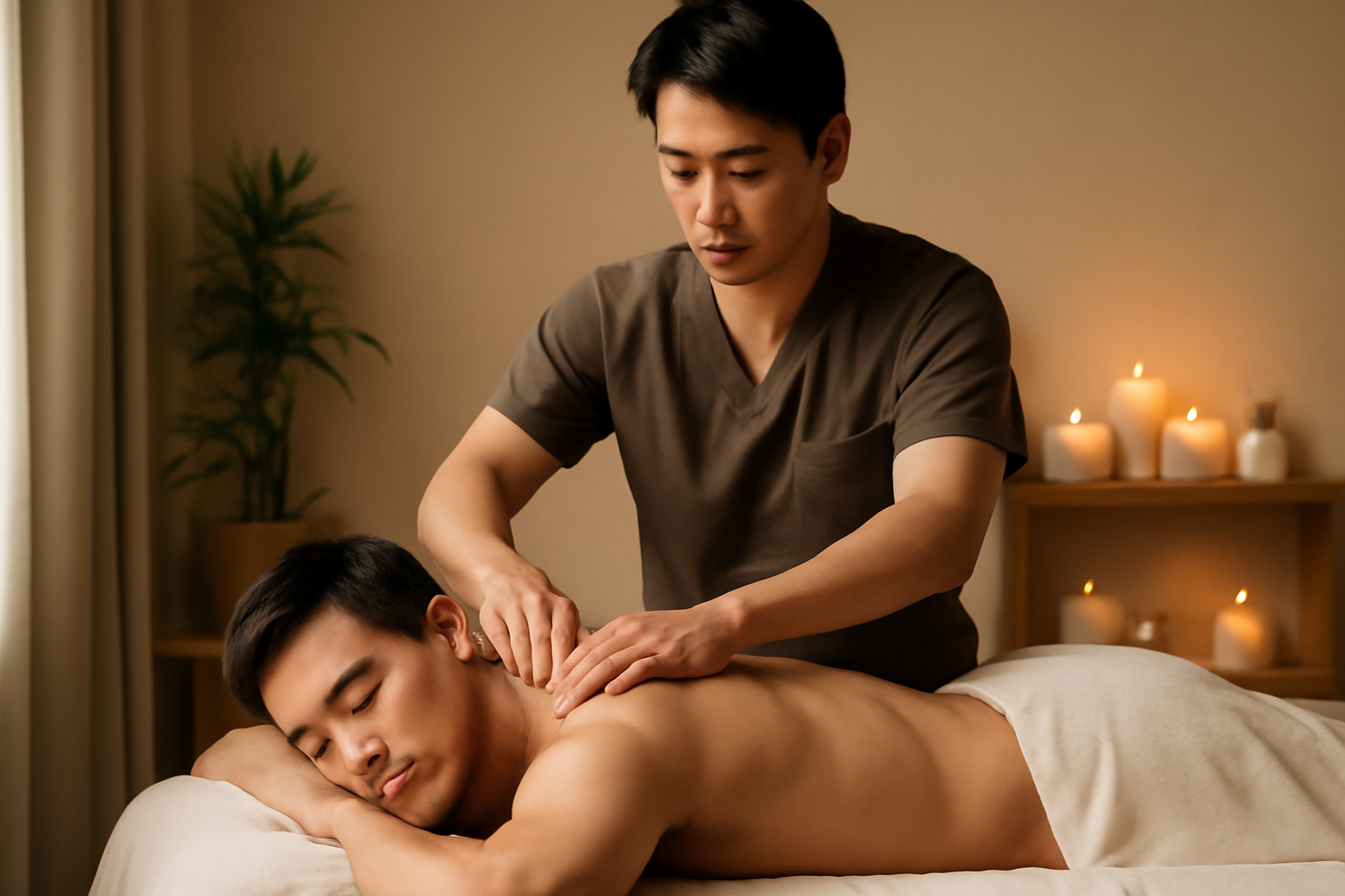 Asian man giving a massage to another Asian man in a serene spa setting, with candles in the background.
