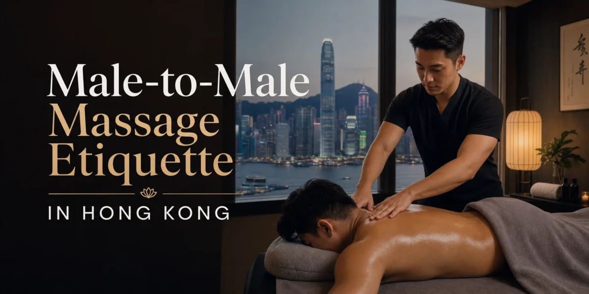 A male massage therapist providing a massage to a male client with Hong Kong skyline in the background
