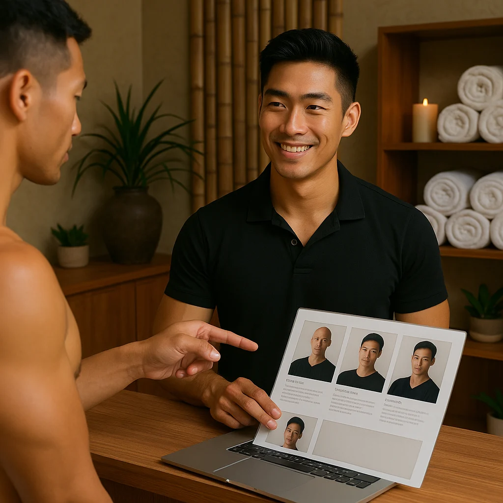 A smiling Asian male receptionist at a gay spa showing a client a laptop screen with therapist profiles, helping match body type and technique preference.