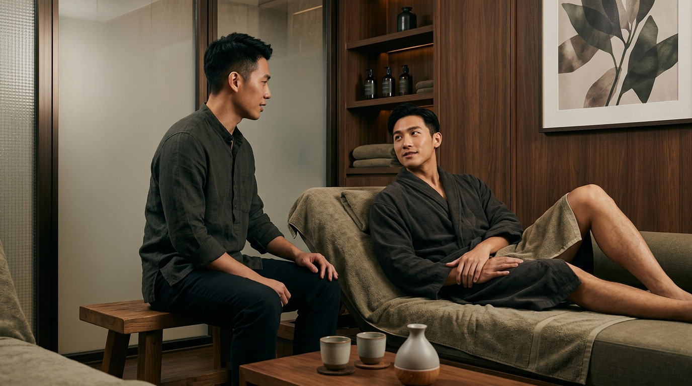 Two adult men having a respectful consultation in a premium private gay spa in Hong Kong